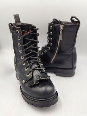 Harley Davidson Fringe Kiltie Biker Boots Womens 8 Black Leather Ankle Lug Moto